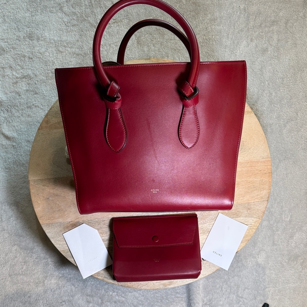 Céline Tie Tote-Smooth Calfskin Leather, Medium, Burgundy (with Pouch) w cards